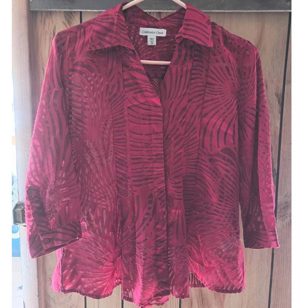 Raspberry Red Burnout Velvet Blouse Womens Petite Small Sheer Patterned Boho Top